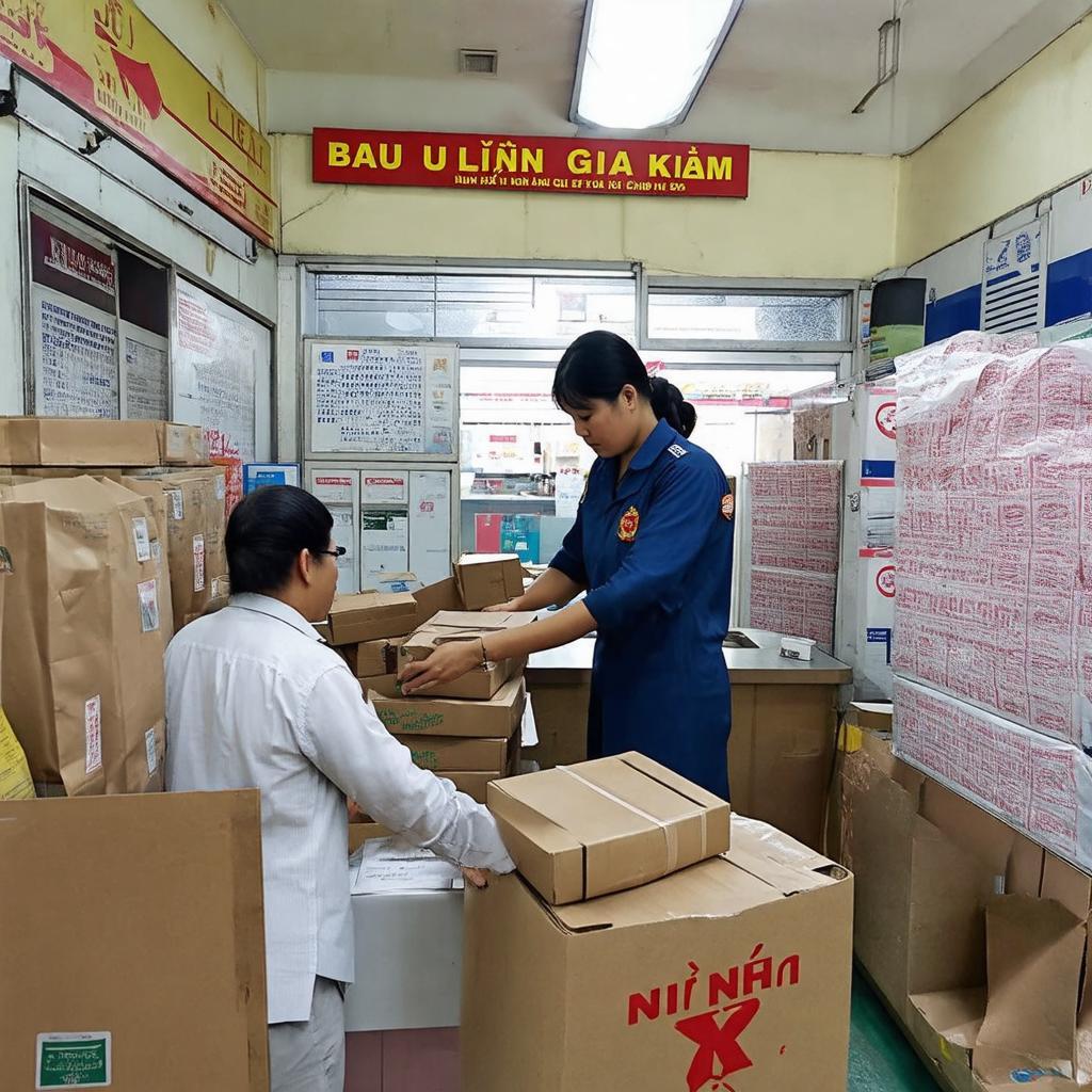 Nhân viên Bưu Điện Gia Kiệm đang xử lý bưu phẩm và hướng dẫn khách hàng tại quầy giao dịch ở Ấp Đồng Kim